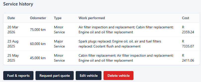 Vehicle service history table with dates, odometer, work performed and cost